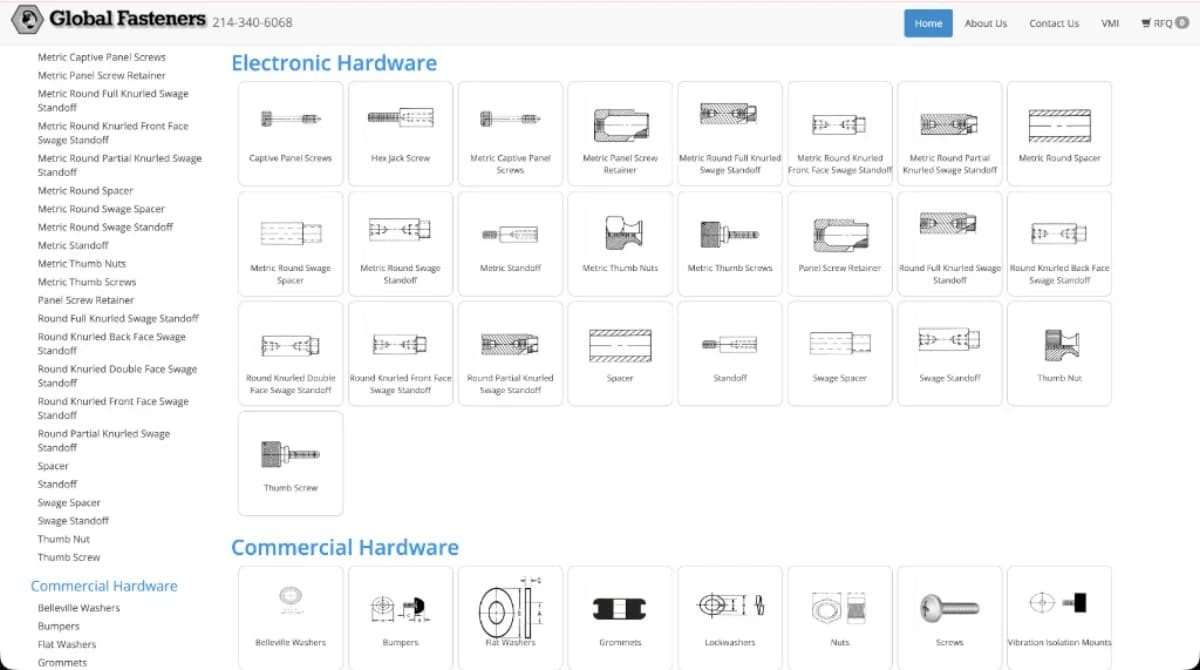 Global Fasteners homepage with category sidebar and electronic hardware product grid