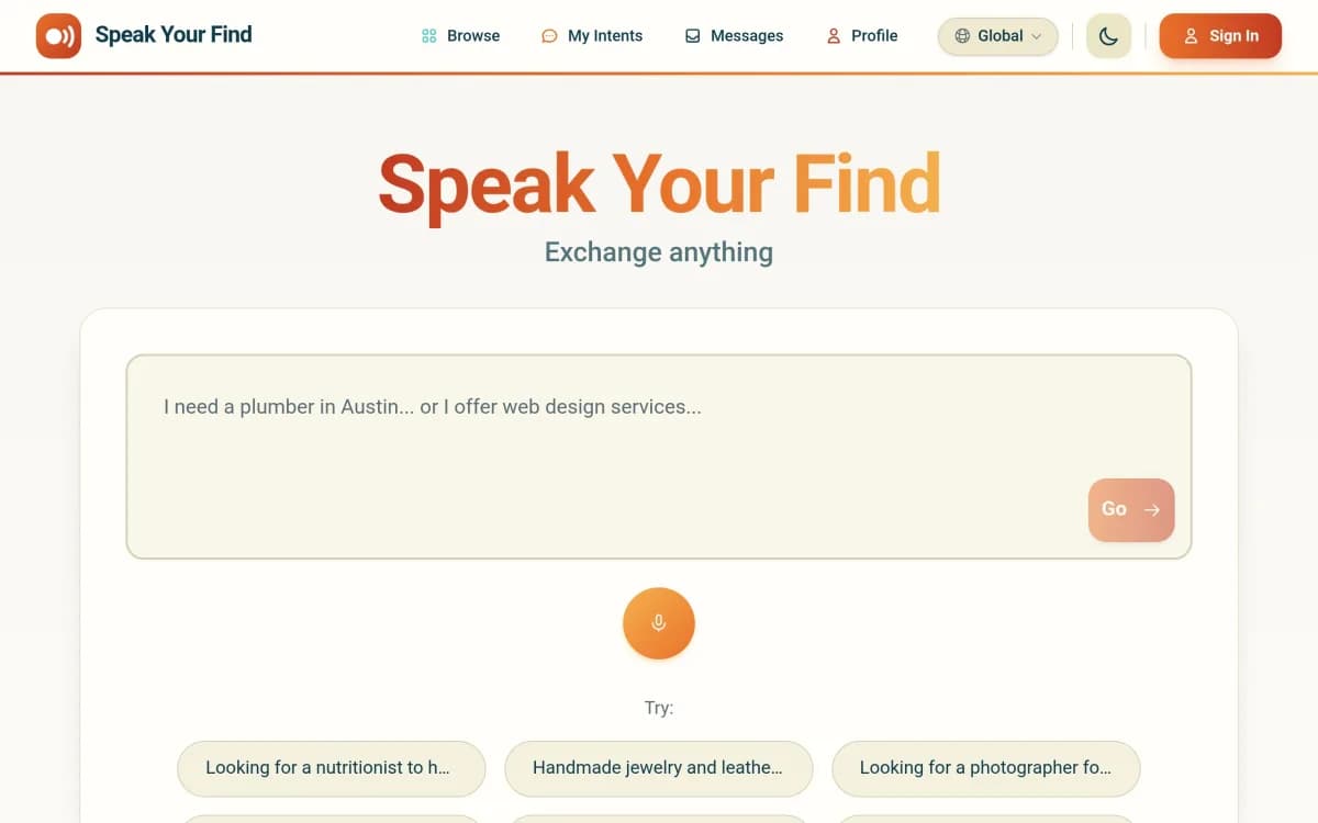Speak Your Find homepage
